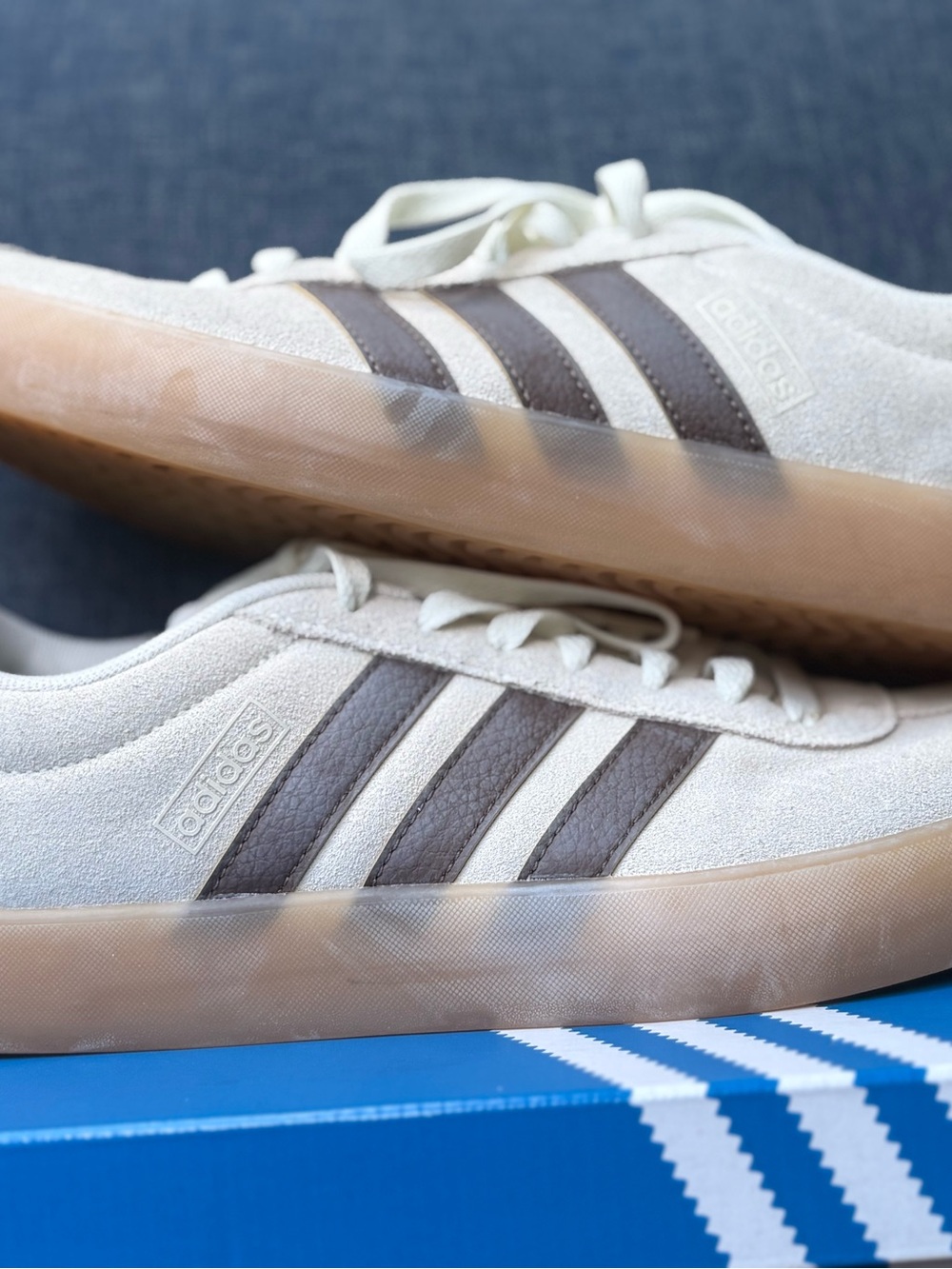 adidas Men’s Suede Sneakers in Cream with Brown Stripes